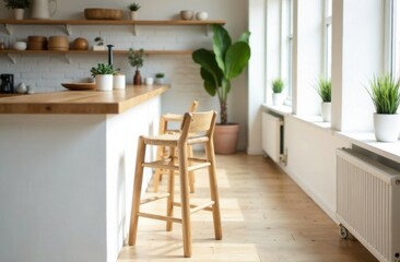 Poster - Scandinavian-style bar stool with woven seat in bright cafe