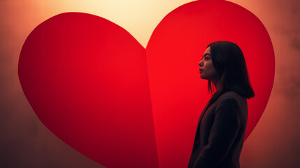  woman standing in front of a smooth red heart background