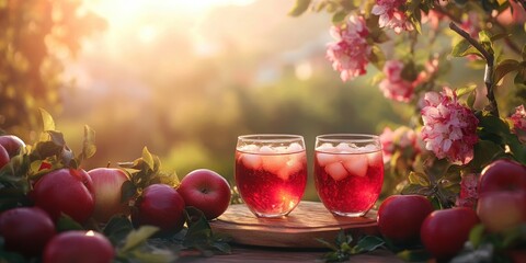 Wall Mural - A serene outdoor scene with two glasses of iced apple juice surrounded by red apples and blossoming flowers on a warm sunny day.