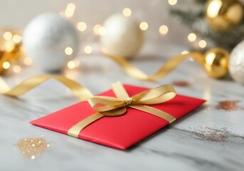 Wall Mural - red envelope with golden ribbon and wax seal surrounded by christmas decorations and bokeh lights, c