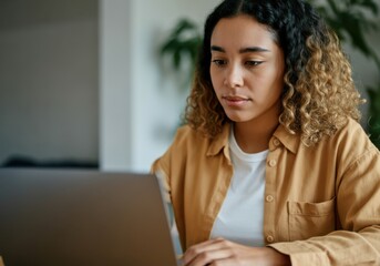 Poster - Young woman using laptop, concentrating on her work in a home office setting