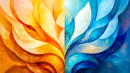 Poster - Vibrant abstract artwork showcasing scales of light and shadow through flowing shapes in warm and cool tones