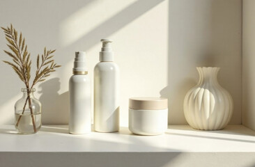 Poster - Curated skincare products on white shelf with natural light