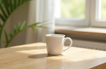 Poster - Reusable coffee cup on minimalist wooden table with soft light