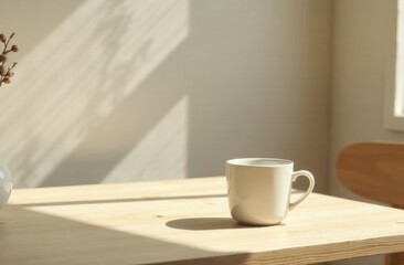 Poster - Reusable coffee cup on minimalist wooden table with soft light