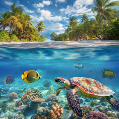 Wall Mural - tropical beach and coral reef fish underwater
