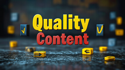 Poster - 3D Render of Quality Content Text Banner with Vibrant Typography and Check Mark Icons