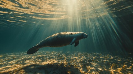 Poster - A West Indian manatee swims serenely beneath the surface, illuminated by rays of sunlight filtering through the water. It glides over a sandy seabed, showcasing its tranquil nature and grace