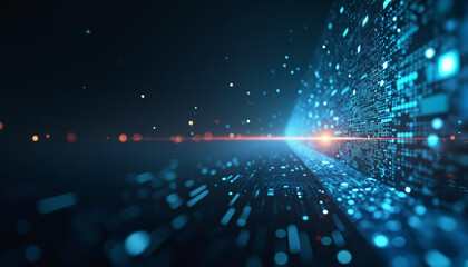 Poster - a futuristic scene featuring a dark blue background with a radiant light source emerging from the ce