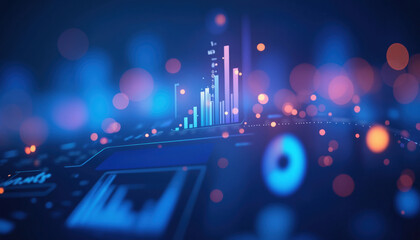 Poster - Blue Financial Data Display: Close-up of a blue-toned financial data display with charts and graphs, representing detailed financial analysis and technology.