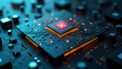 Poster - advanced processor on circuit board: an advanced processor on a circuit board, surrounded by connect