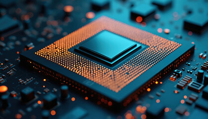 Poster - gold processor on circuit board: a gold processor on a circuit board, symbolizing advanced computing