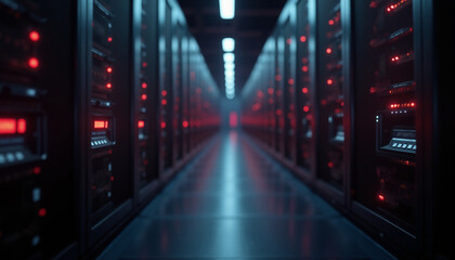 Poster - Server room with rows of servers illuminated by red lights. The concrete floor contrasts with the dark background and spotlights, creating a futuristic ambiance.