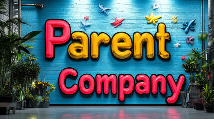 Poster - Colorful 3D Parent Company Text Banner with Plants and Birds on Textured Wall