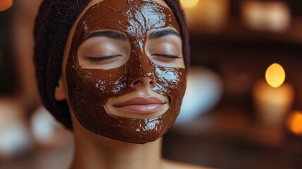 Poster - A woman enjoys a chocolate face mask treatment at a tranquil spa. Soft candlelight enhances the calming atmosphere while she relaxes.