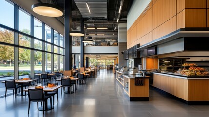 Wall Mural - Modern Open Concept Commercial Kitchen and Dining Area with Warm Wooden Accents and Ample Natural Light