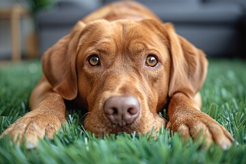 Adorable Fox Red Labrador Retriever Resting on Artificial Turf