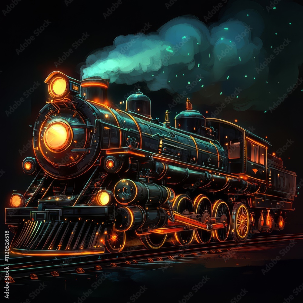 Glowing steampunk train at night. Stock Illustration | Adobe Stock