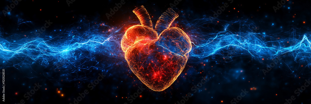 ภาพประกอบ Stock Neon Heart with ECG A glowing digital representation of ...