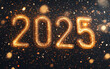 © Graphic Pro - Glowing '2025' in golden neon lights with sparkling confetti on a black background, vibrant and festive. Perfect for New Year celebrations and party-themed designs.
