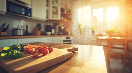 Poster - A beautifully arranged kitchen island showcases diced tomatoes and basil, illuminated by soft sunlight, creating an inviting cooking environment