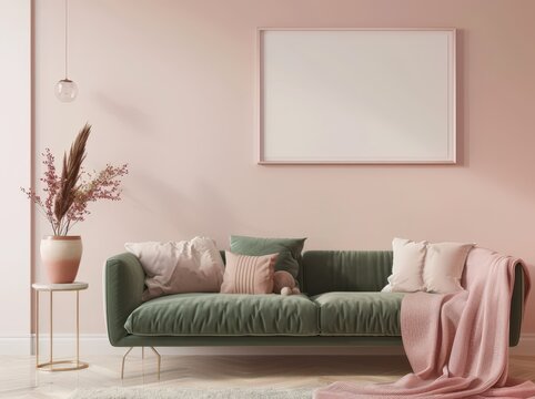 Minimalist living room with a green velvet sofa. pink walls. a white framed mockup and a throw blanket