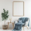 © PERFECTisME - A cozy living room interior with a comfortable armchair. a side table. a potted plant. and a large empty frame on the wall