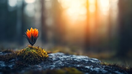 Aufkleber - A small, vibrant flower emerges from a moss-covered rock in a tranquil forest clearing, highlighting intricate textures as sunlight filters through trees