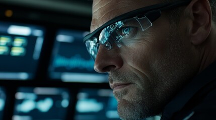Aufkleber - A technician closely observes various control screens displaying data graphs and indicators in a high-tech environment, with reflections visible on his glasses