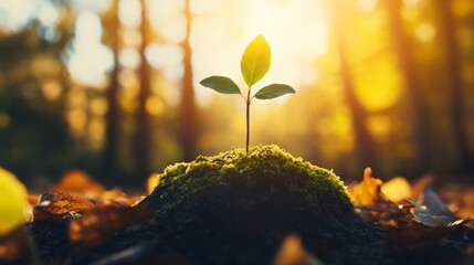 Aufkleber - A sapling emerges from a crack in a sunlit rock, surrounded by vibrant moss and fallen leaves, symbolizing resilience and renewal in a tranquil forest setting
