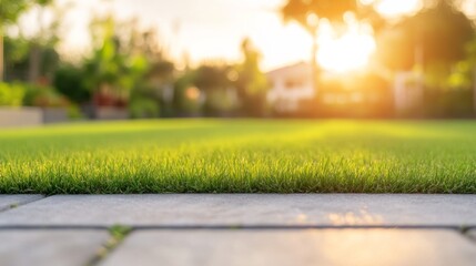 Poster - Freshly cut grass stretches across the foreground with a stone pathway leading towards a softly blurred garden, illuminated by warm sunset light