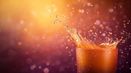 Fototapete - Dramatic close-up showcases a light bulb splattered with metallic paint and suspended water droplets against a vibrant gradient background, creating an artistic effect