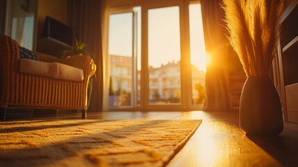 Fototapete - Rattan armchair sits beside a vase of pampas grass on a patterned rug, illuminated by warm natural light streaming through large sliding doors