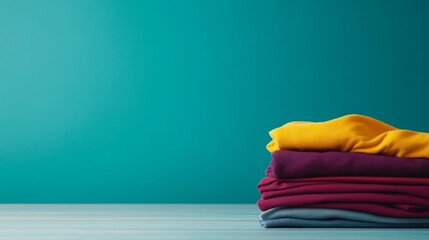 Poster - Brightly colored folded clothes neatly stacked against a turquoise backdrop, creating a fresh and inviting atmosphere with space for personalization