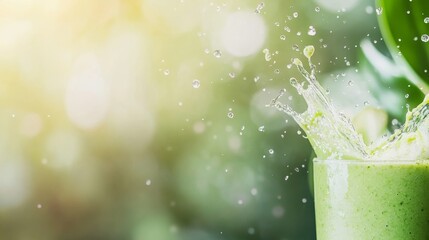 Aufkleber - A vibrant green smoothie spills from a glass, creating dynamic splashes with droplets frozen mid-air against a soft blurred tropical leaf background