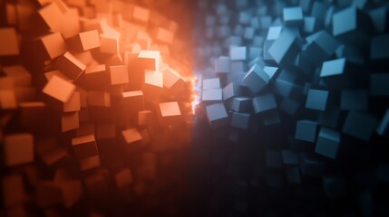 Poster - Vibrant 3D blocks in orange and blue create a striking visual contrast, featuring a glowing fracture line that adds depth and tension to the composition
