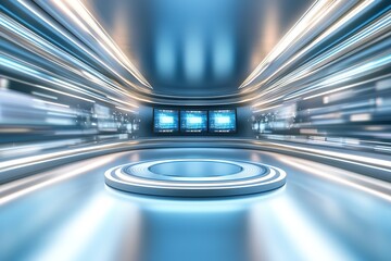 Poster - Futuristic control room with dynamic light lines and screens.