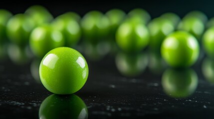 Poster - A vibrant green plastic pellet rests on a dark reflective surface, emphasizing its polished texture and precise manufacturing