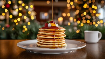Poster - Rich golden syrup cascades over a tall stack of pancakes, creating delicious patterns against the backdrop of a warm, inviting breakfast setting