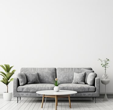 Minimalist living room interior with grey sofa. white coffee table. and potted plants