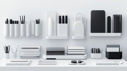 Poster - Minimalist White Desk Organizer With Black Stationery Supplies