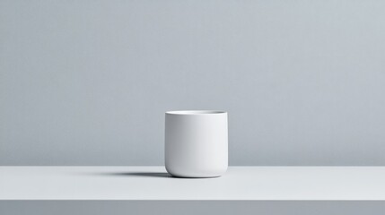 Poster - A single white ceramic cup sits on a smooth white surface, casting soft shadows against a pale gray wall, enhancing the minimalist aesthetic and simplicity