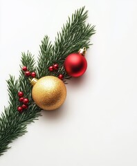 Wall Mural - Festive Christmas decorations featuring red balls and pine branches against a clean white background, evoking holiday cheer and warmth.