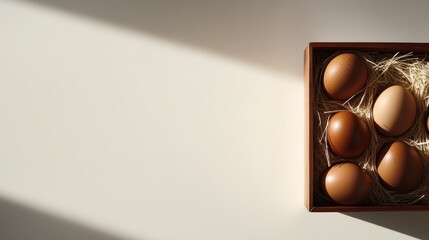 Poster - A neatly arranged assortment of brown organic eggs nestled on straw inside a wooden box, set on a pristine white surface with soft shadows offering visual appeal