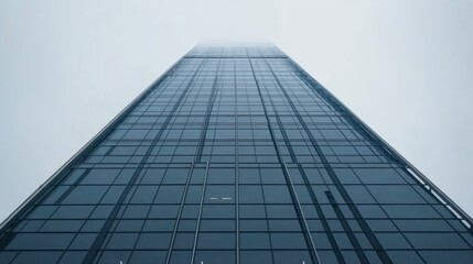 Poster - A top-down view showcases a sleek glass skyscraper curving against the pale sky, its lines creating an abstract pattern and offering space for text on the left