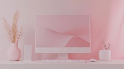 Aufkleber - Minimalist Pink Workspace Setup with Computer and Decor