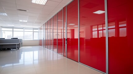 Poster - Wide-angle view of a modern office corridor showcasing glossy red glass doors that reflect light, enhancing the minimalist design and creating an inviting atmosphere