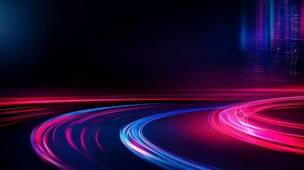 Poster - Curved road illuminated by striking red and blue light trails, set against faint city outlines, ideal for creative text placement on the right side
