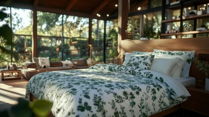 Poster - Bright and airy bedroom features white and green linens with eucalyptus prints. Natural light enhances the serene atmosphere, promoting relaxation and comfort