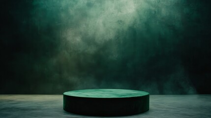 Fototapete - This overhead shot showcases a circular emerald-green podium stage highlighted by a single spotlight, casting deep shadows and offering space for text or branding
